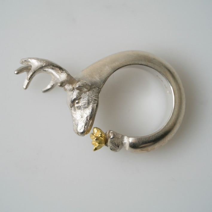 Sterling Silver Dear head Ring with a Flower By Daniel Hiller