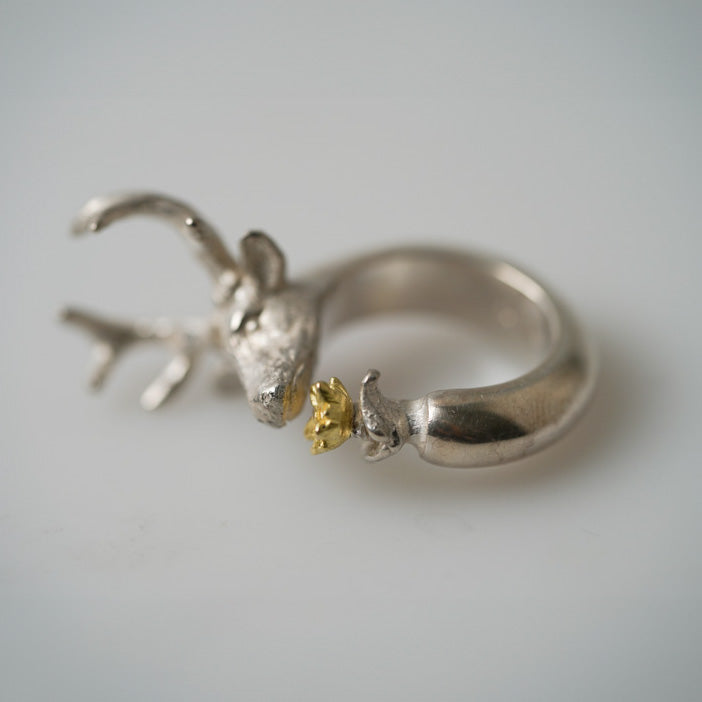 Sterling Silver Dear head Ring with a Flower By Daniel Hiller