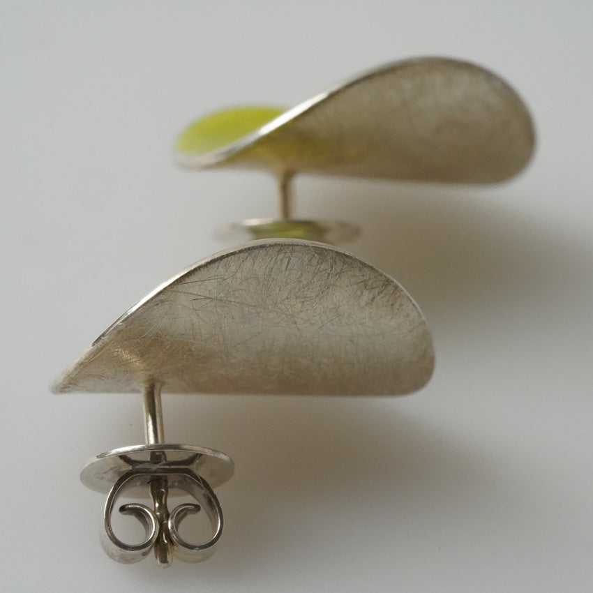 Sterling Silver Enameled Earrings in Lime Green Leaves Form by ELGIN FISCHER