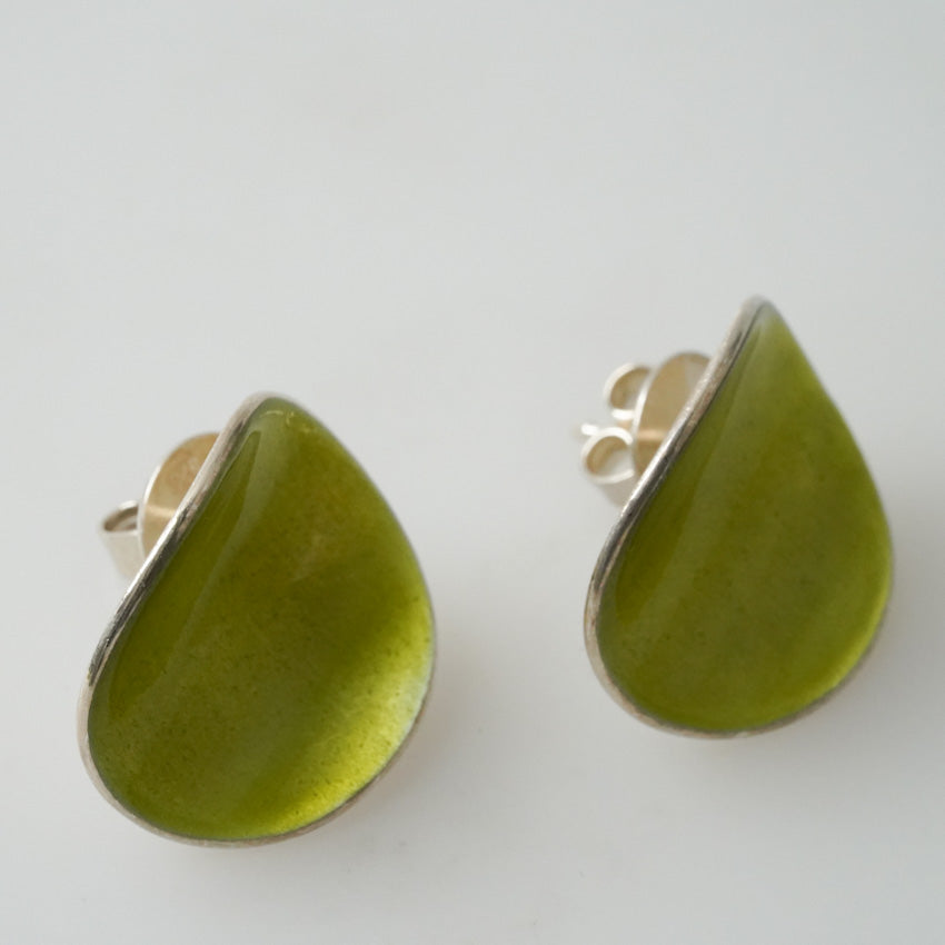 Sterling Silver Enameled Earrings in Lime Green Leaves Form by ELGIN FISCHER