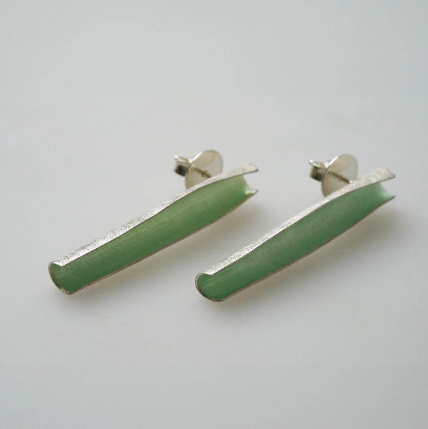 The Enameled Sterling Silver Long Earrings, Mint Green, by ELGIN FISCHER