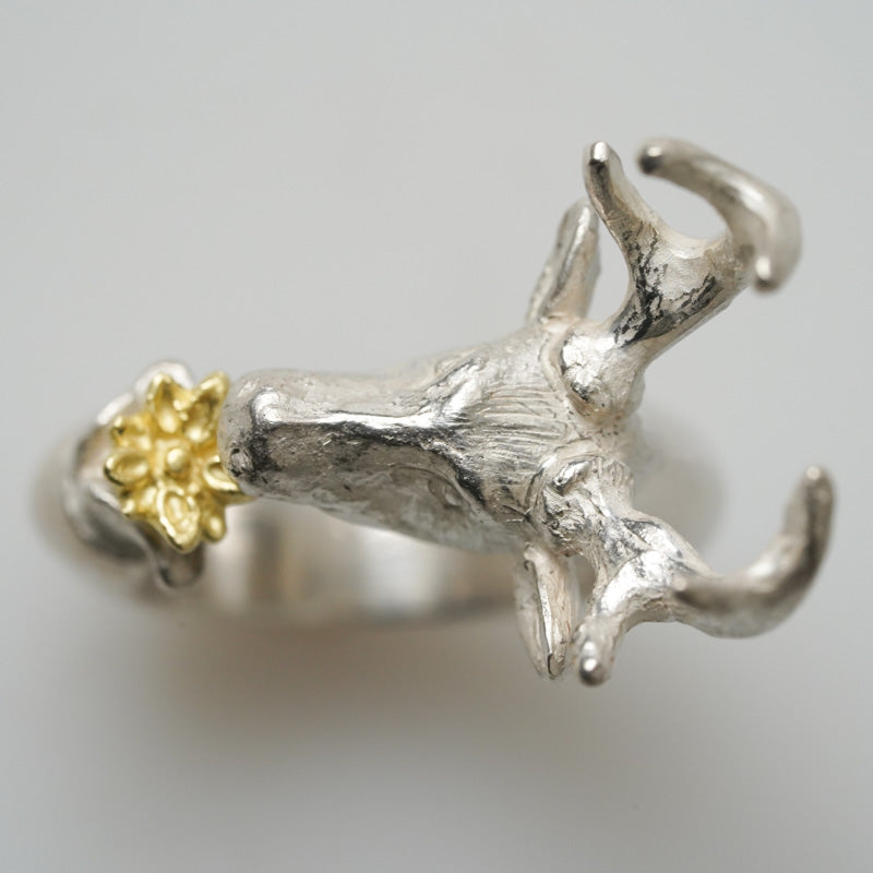 Sterling Silver Dear head Ring with a Flower By Daniel Hiller
