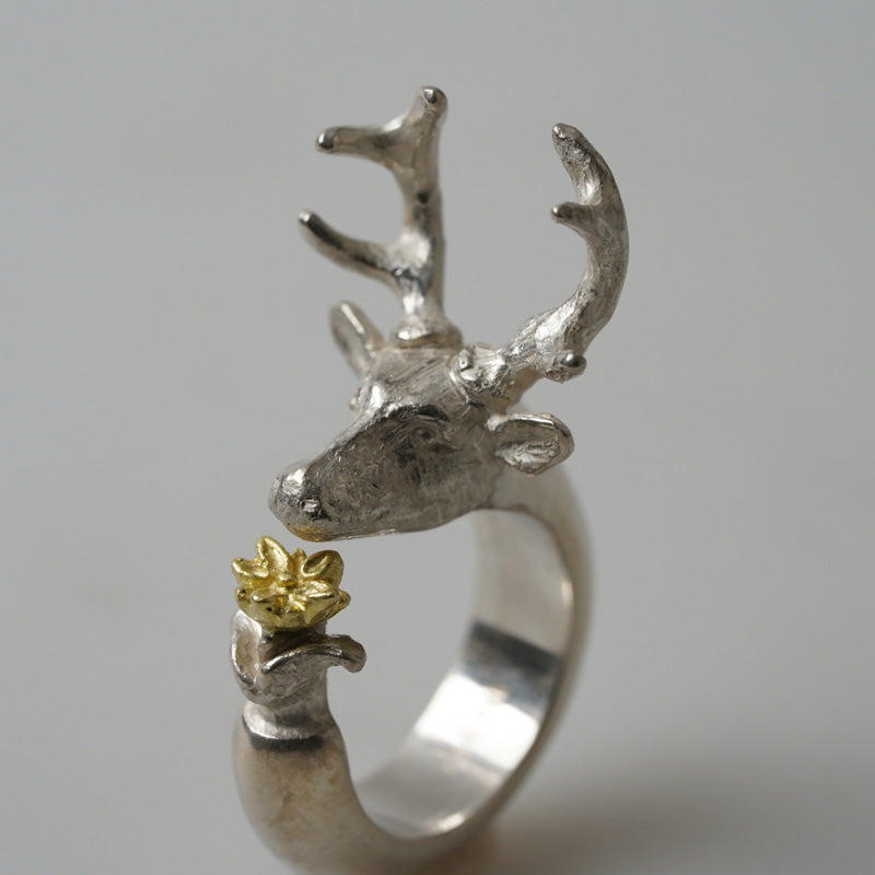 Sterling Silver Dear head Ring with a Flower By Daniel Hiller