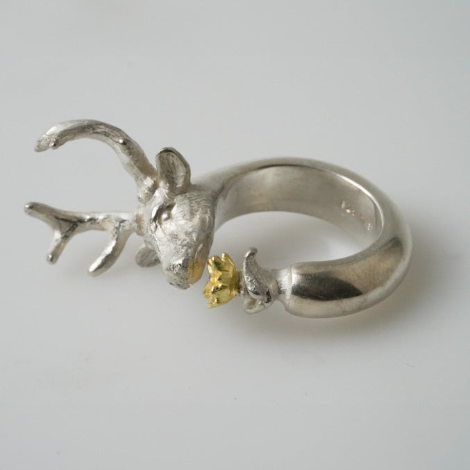 Sterling Silver Dear head Ring with a Flower By Daniel Hiller