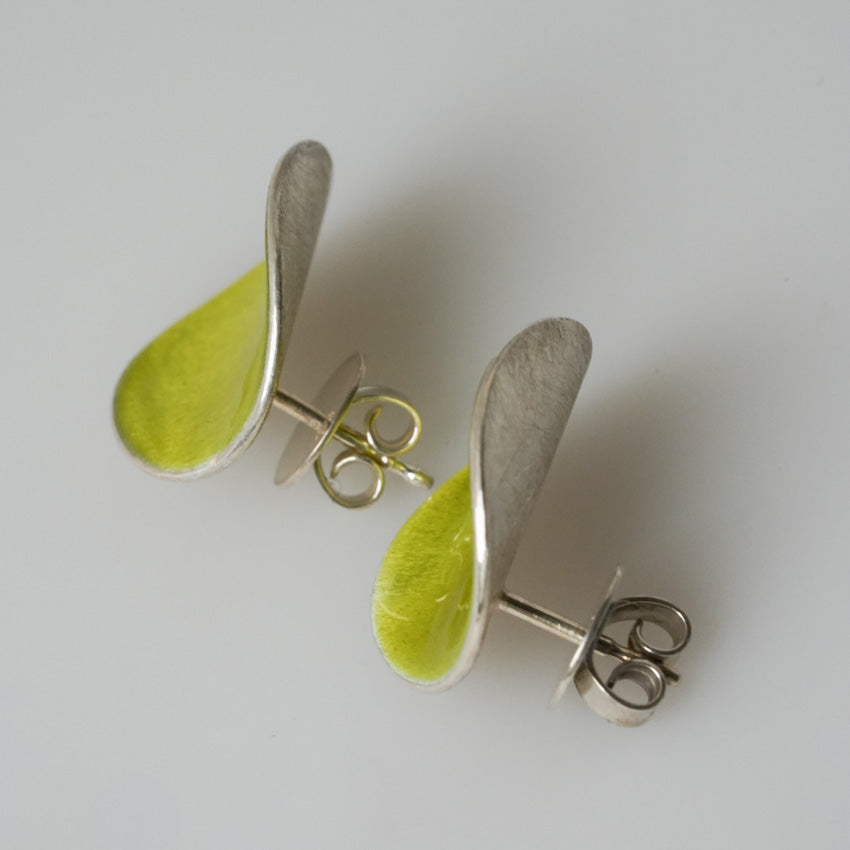 Sterling Silver Enameled Earrings in Lime Green Leaves Form by ELGIN FISCHER