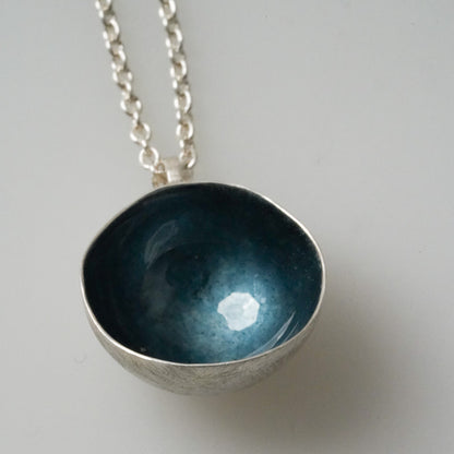 Sterling Silver Teal Enameled Saucer Pendant Necklace by Elgin Fischer