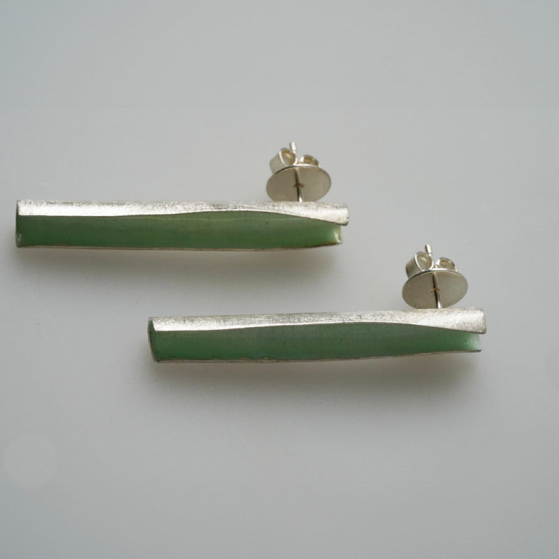 The Enameled Sterling Silver Long Earrings, Mint Green, by ELGIN FISCHER