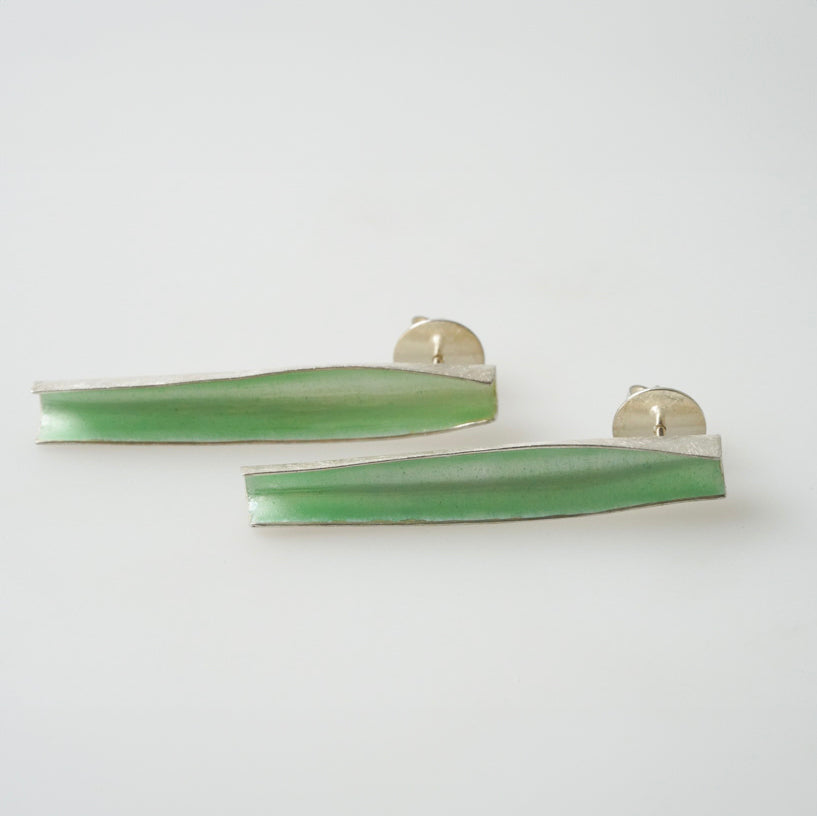 The Enameled Sterling Silver Long Earrings, Mint Green, by ELGIN FISCHER