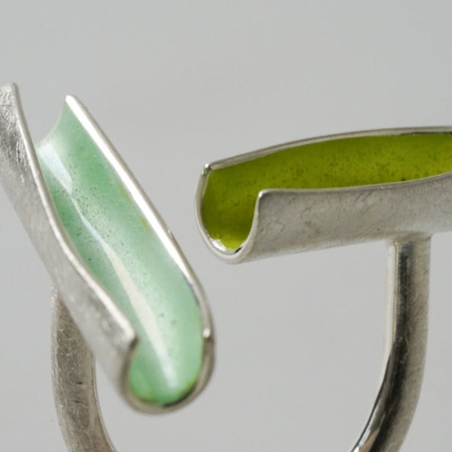 Sterling Silver Curved Tree Bark Ring by Elgin Fischer, Enameled in Mint and Lemon Green