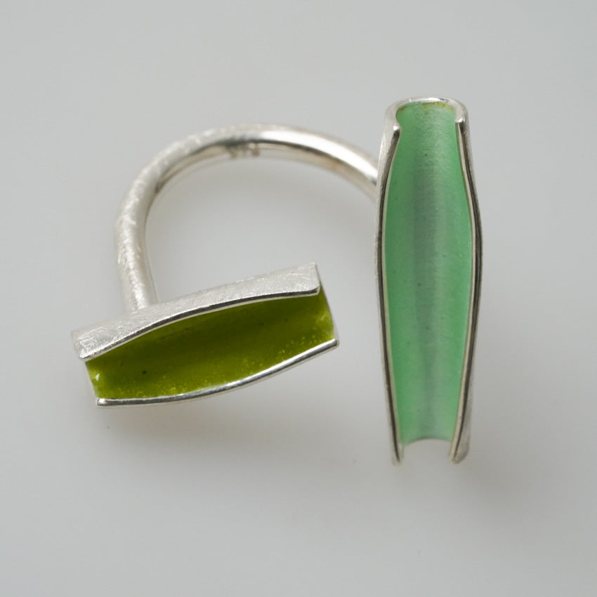 Sterling Silver Curved Tree Bark Ring by Elgin Fischer, Enameled in Mint and Lemon Green