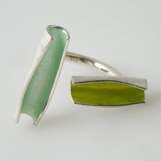 Sterling Silver Curved Tree Bark Ring by Elgin Fischer, Enameled in Mint and Lemon Green