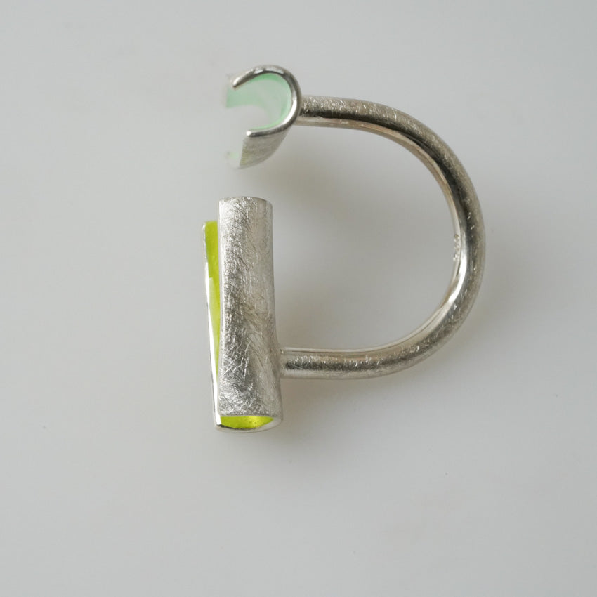 Sterling Silver Curved Tree Bark Ring by Elgin Fischer, Enameled in Mint and Lemon Green