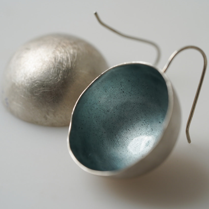 The Teal Colored Enameled Sterling Silver Saucer Earrings by ELGIN FISCHER