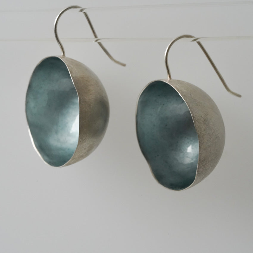 The Teal Colored Enameled Sterling Silver Saucer Earrings by ELGIN FISCHER