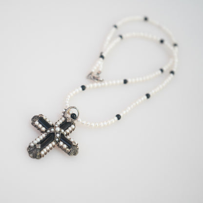 Fresh Water Pearl Necklace 3mm with an Onyx Cross Pendant with Monazite by Sonia Wirtz