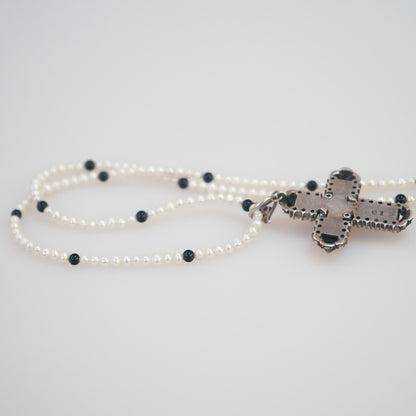 Fresh Water Pearl Necklace 3mm with an Onyx Cross Pendant with Monazite by Sonia Wirtz