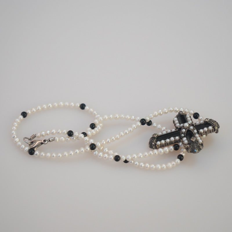 Fresh Water Pearl Necklace 3mm with an Onyx Cross Pendant with Monazite by Sonia Wirtz