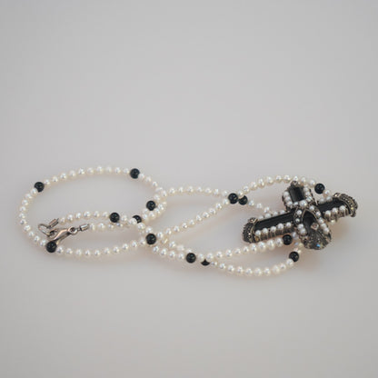 Fresh Water Pearl Necklace 3mm with an Onyx Cross Pendant with Monazite by Sonia Wirtz