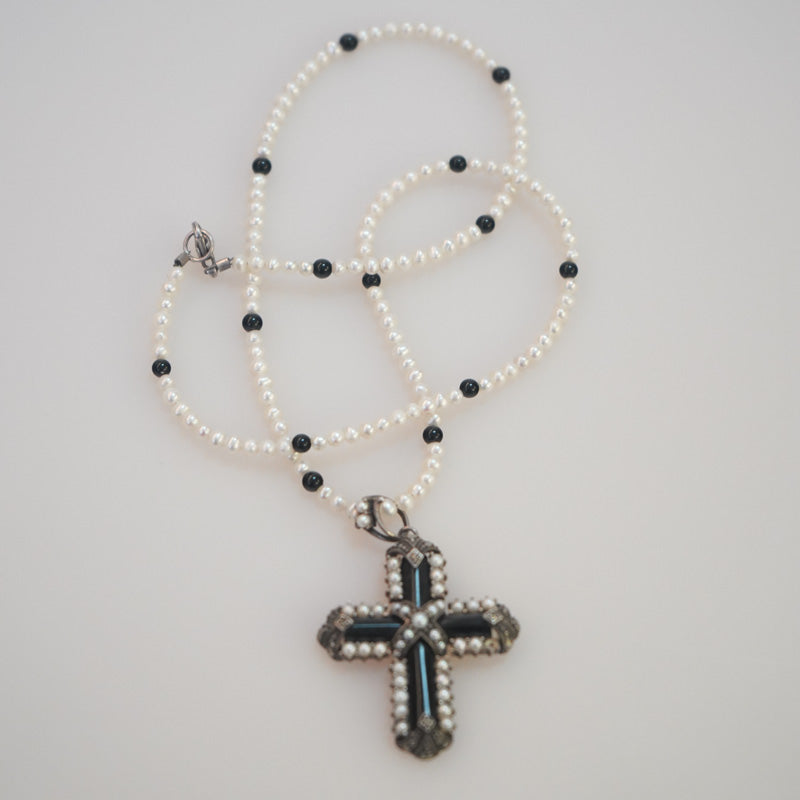 Fresh Water Pearl Necklace 3mm with an Onyx Cross Pendant with Monazite by Sonia Wirtz