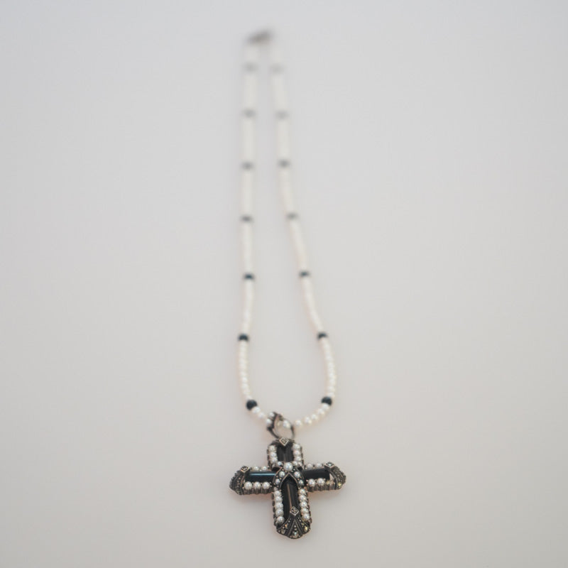 Fresh Water Pearl Necklace 3mm with an Onyx Cross Pendant with Monazite by Sonia Wirtz