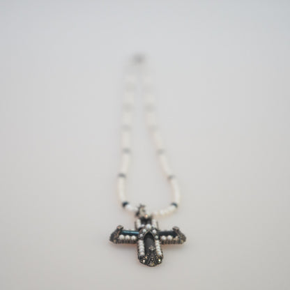 Fresh Water Pearl Necklace 3mm with an Onyx Cross Pendant with Monazite by Sonia Wirtz