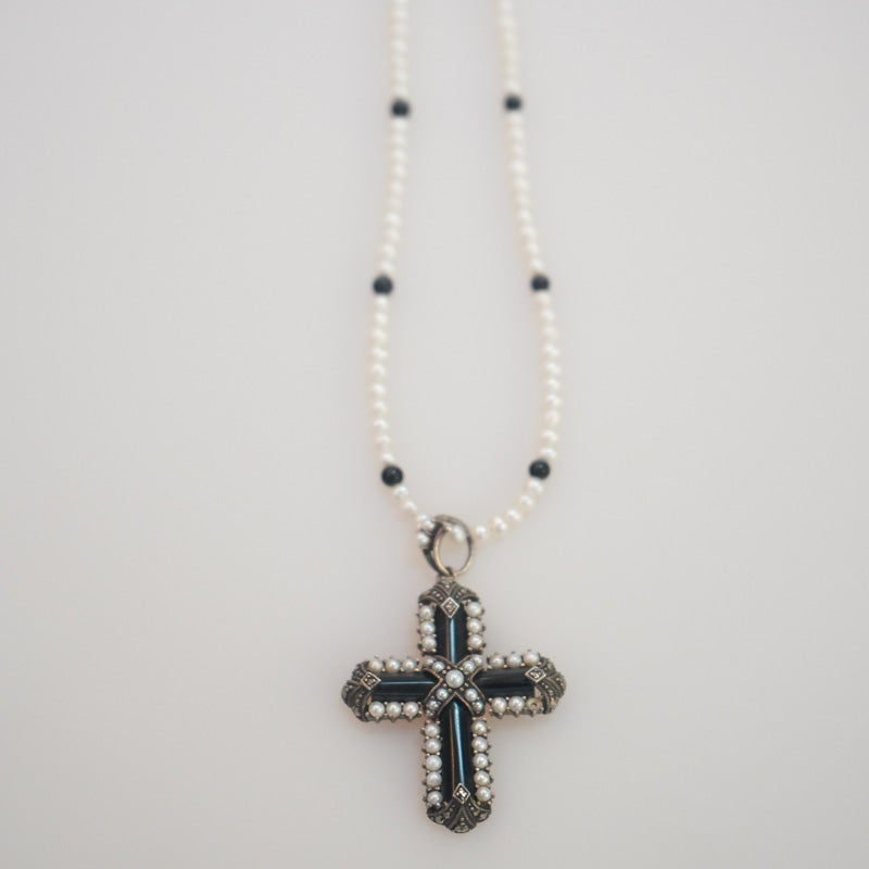 Fresh Water Pearl Necklace 3mm with an Onyx Cross Pendant with Monazite by Sonia Wirtz