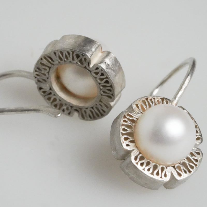 Sterling Silver Flower Earrings with Pearls by PETRA DOEMLING