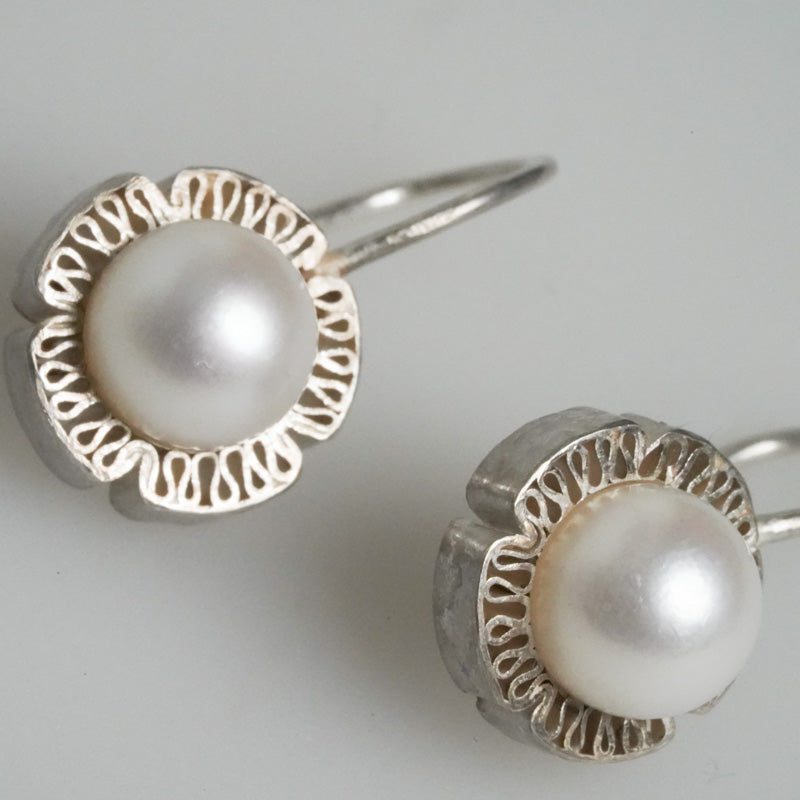 Sterling Silver Flower Earrings with Pearls by PETRA DOEMLING